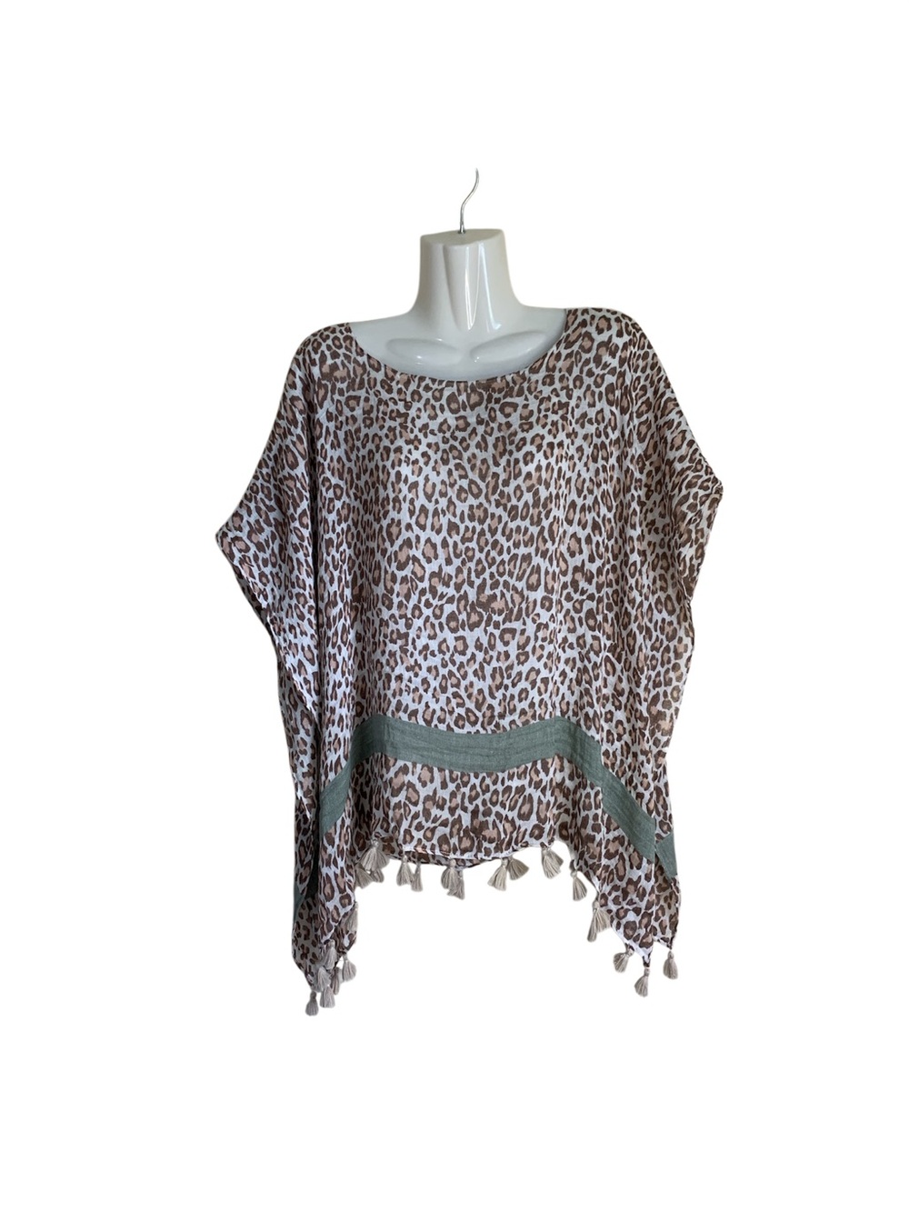 Demdaco Brown & Cream Leopard Print poncho with and sage green strip
